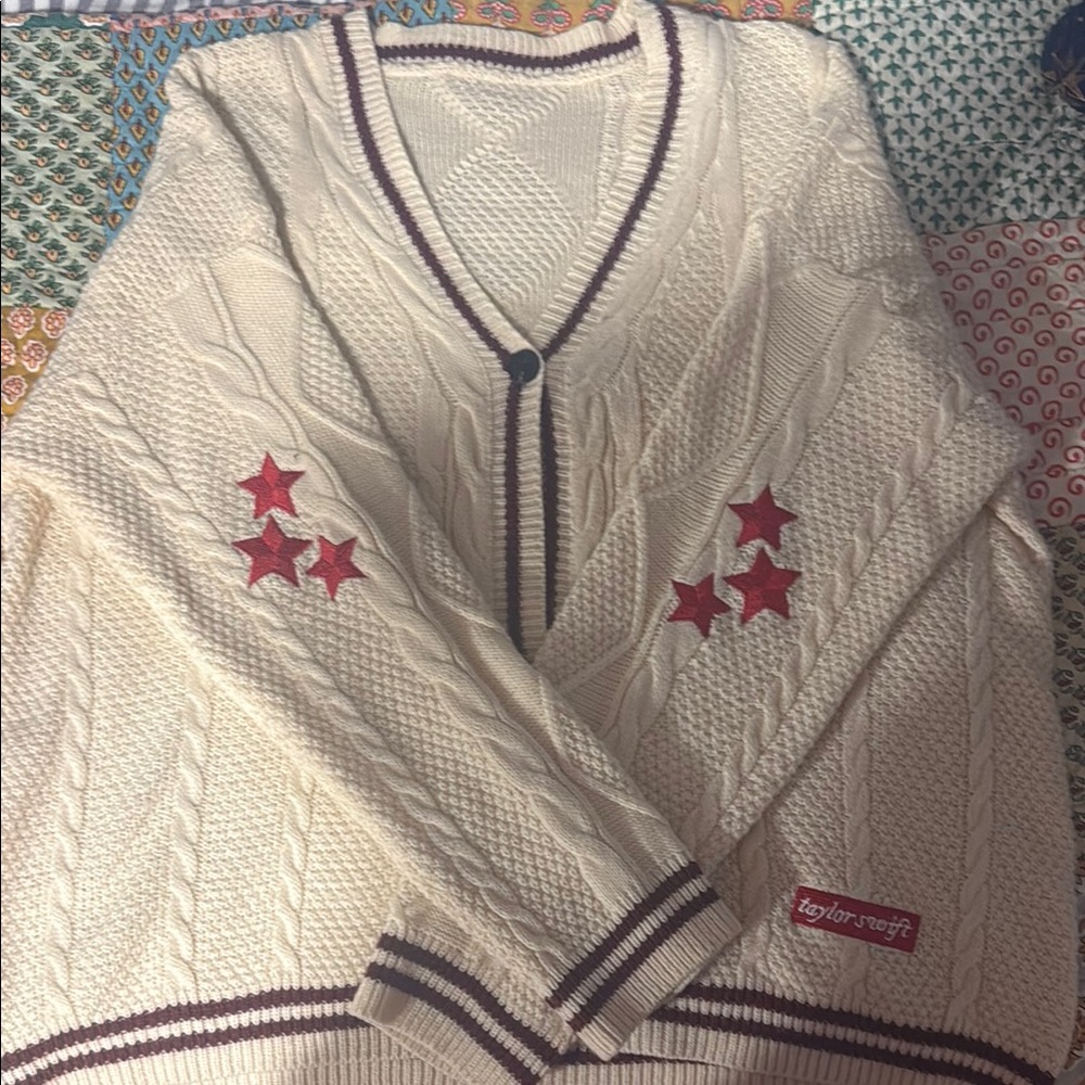 Taylor Swift Red and Cream Cardigan with Cable Knit